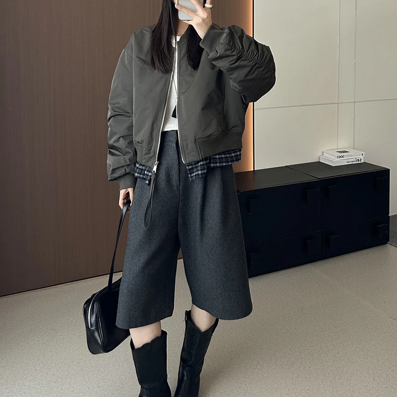 韩版格子拼接棒球夹棉外套宽松显瘦棉服女5337-9801