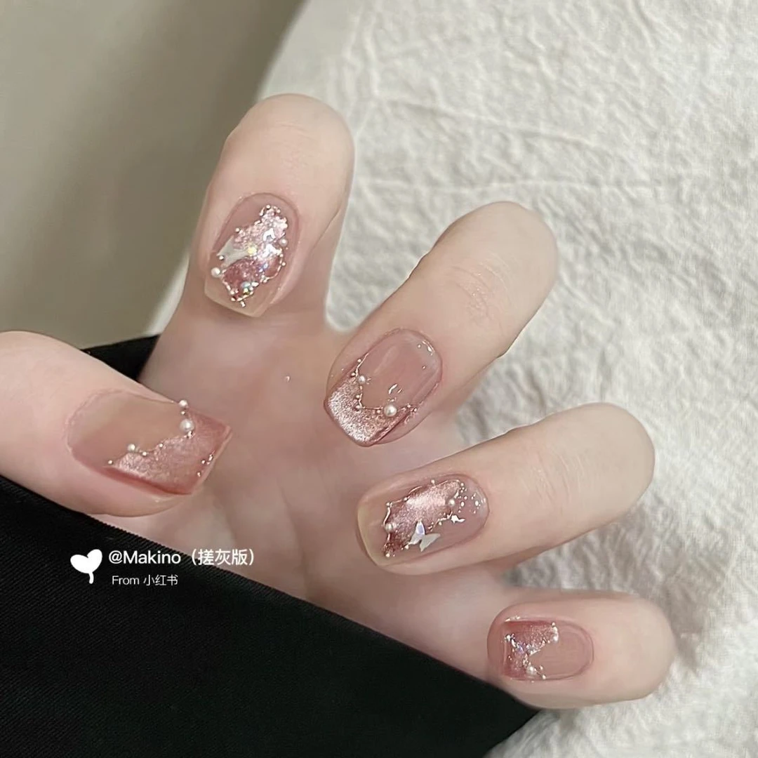 蝴蝶效应 手工光疗美甲贴果冻贴片指甲穿戴甲美白简约梯形重复