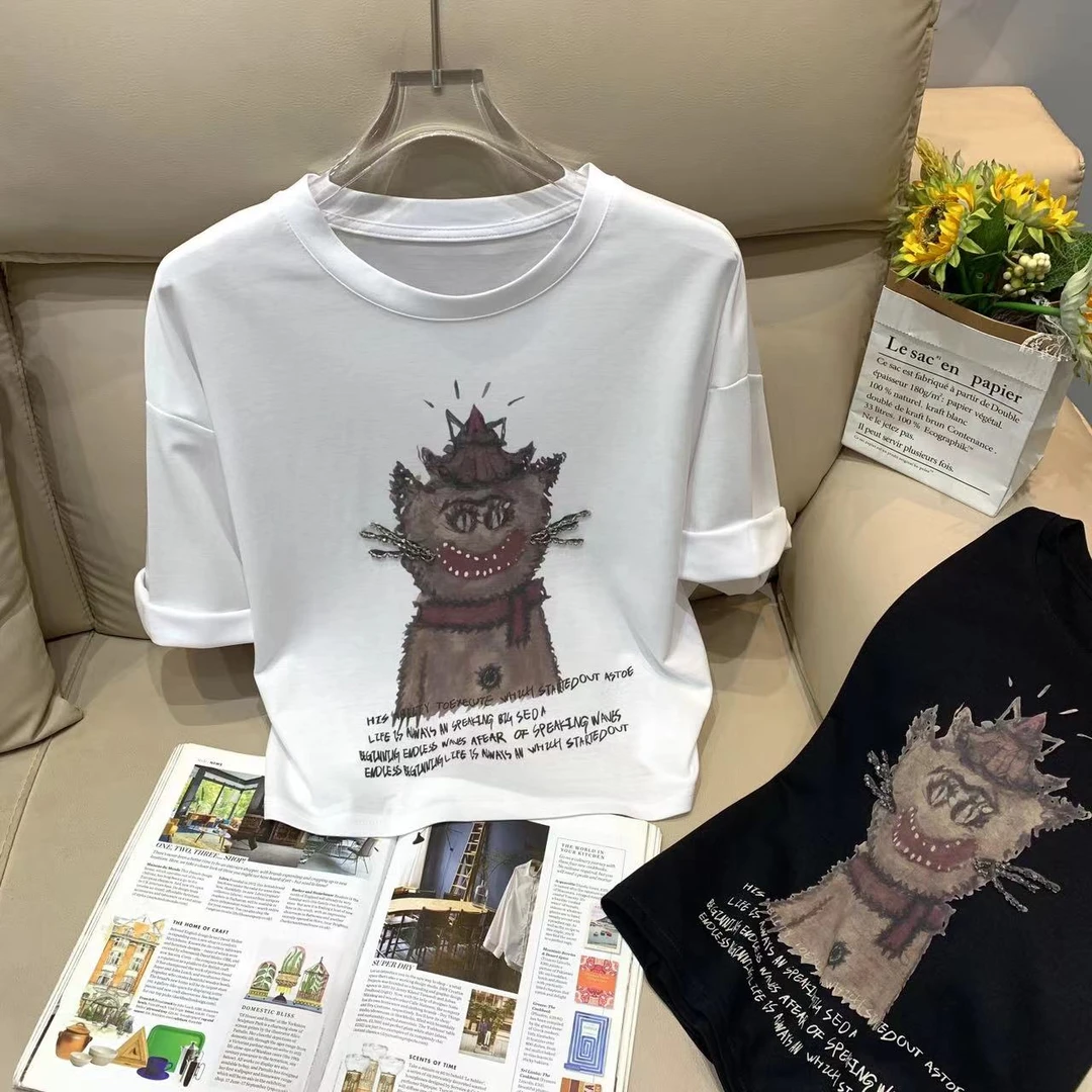 Manmi 小恶魔印花手工穿珠短袖T恤 9599（C3↓）