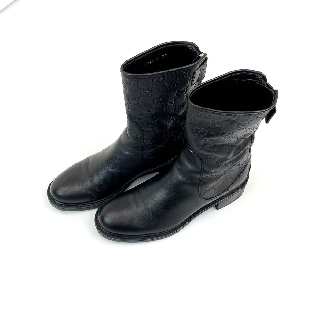 95新 GUCCI/古驰  cc350 黑色小牛皮中筒靴 37码