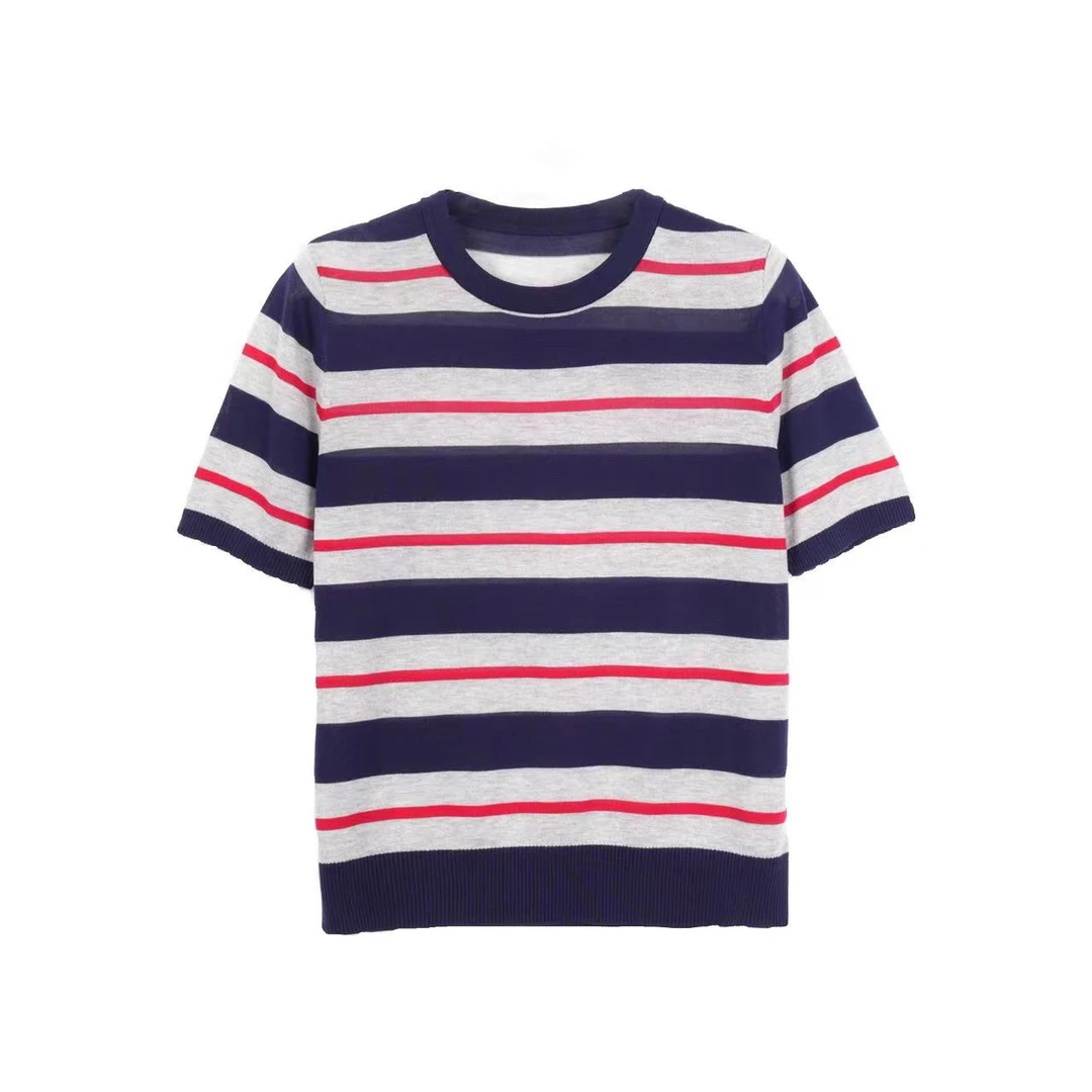 CHUANBAI 川白夏季新款透气圆领时尚条纹短袖女