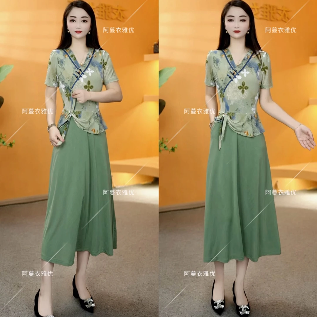 【衣雅严选】8121-2005#新款冰羽丝斜襟盘扣假两件显瘦显白连衣裙