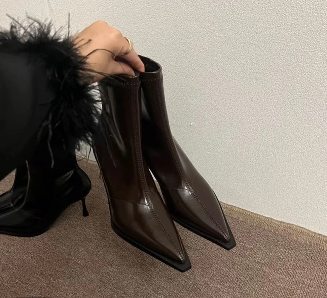 2025秋冬新品瘦瘦靴~细跟高跟尖头气质软皮后拉链韩版百搭款短靴