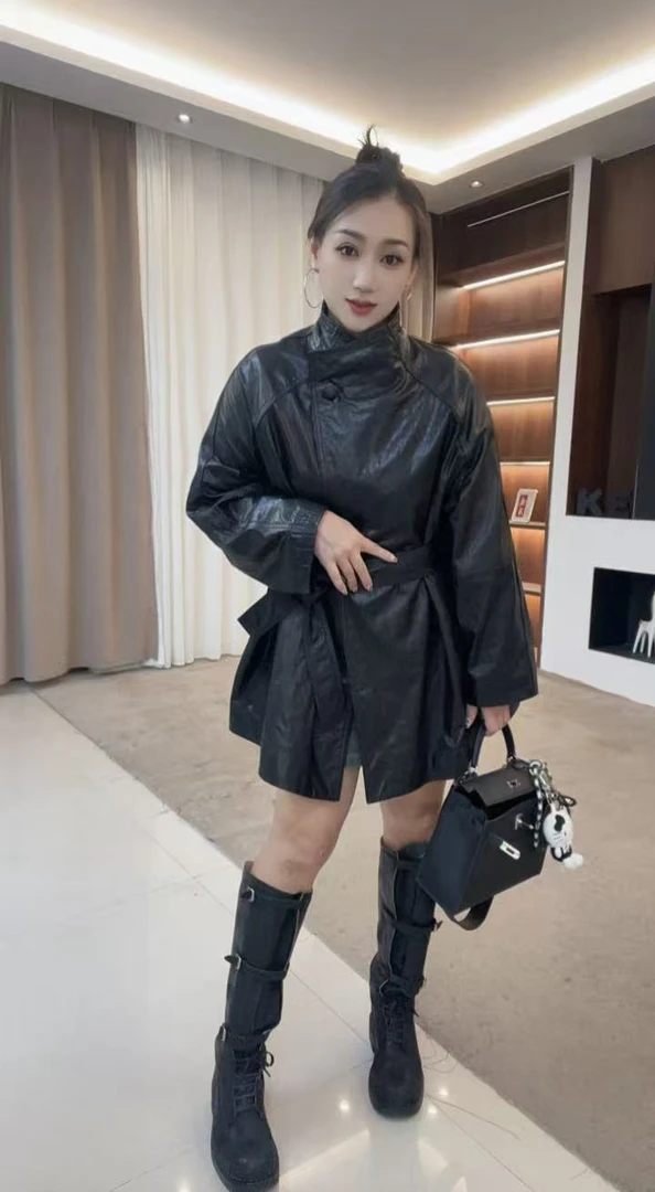 欧美时尚风百搭宽松型皮衣黑色设计感秋冬休闲65108