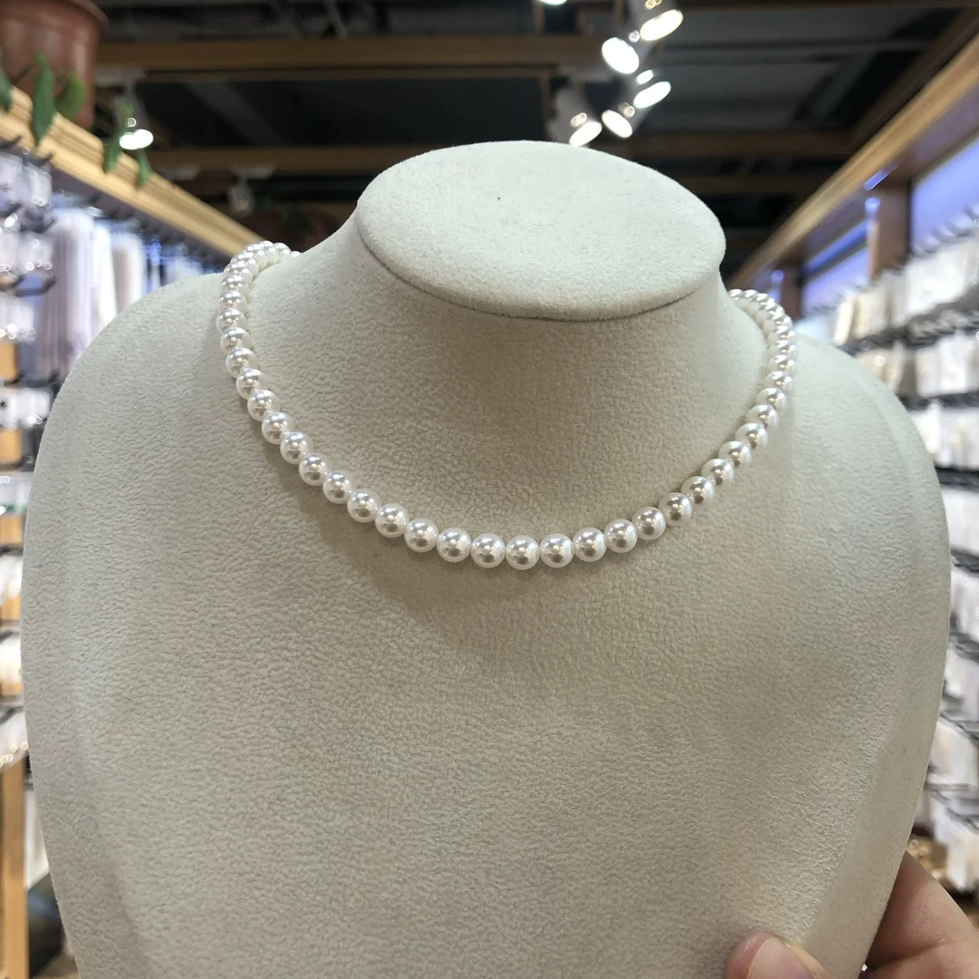 链子925银仿珍珠 新款S925纯银6mm正圆冷白珍珠项链元宝扣
