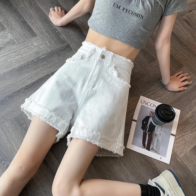 蜜蜜穿搭白色牛仔短裤女2025年夏季新款高腰阔腿a字毛边甜辣热裤