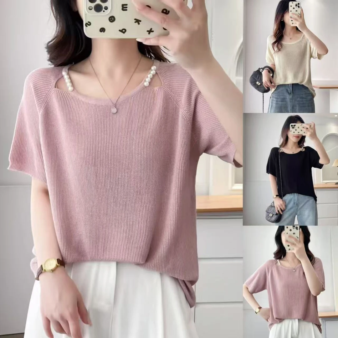 微胖大码女装洋气新款钉珠镂空冰爽丝薄款柔软针织衫短袖上衣