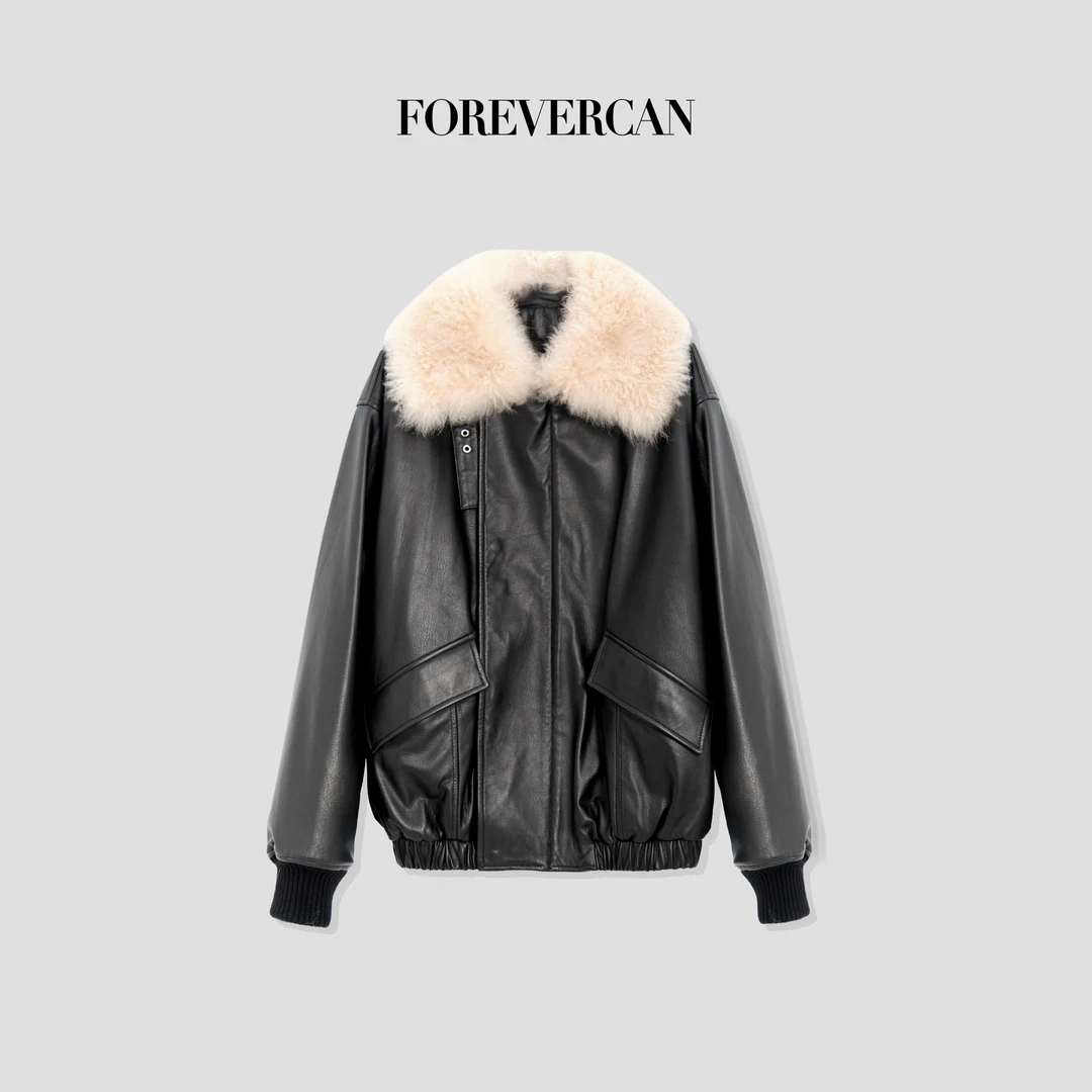 FOREVERCAN“达尔维克”头层牛皮拼接毛领飞行夹克外套 SC22336