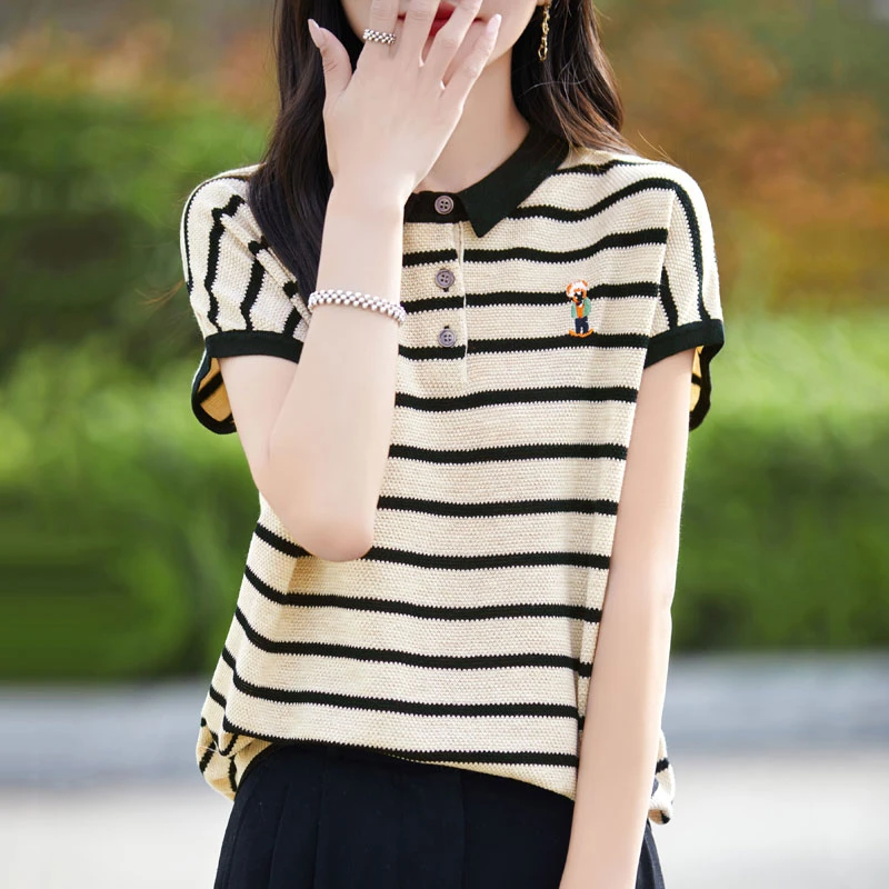 莱赛尔天丝夏季新款POLO衫宽松短袖女翻领条纹针织显瘦短袖上衣