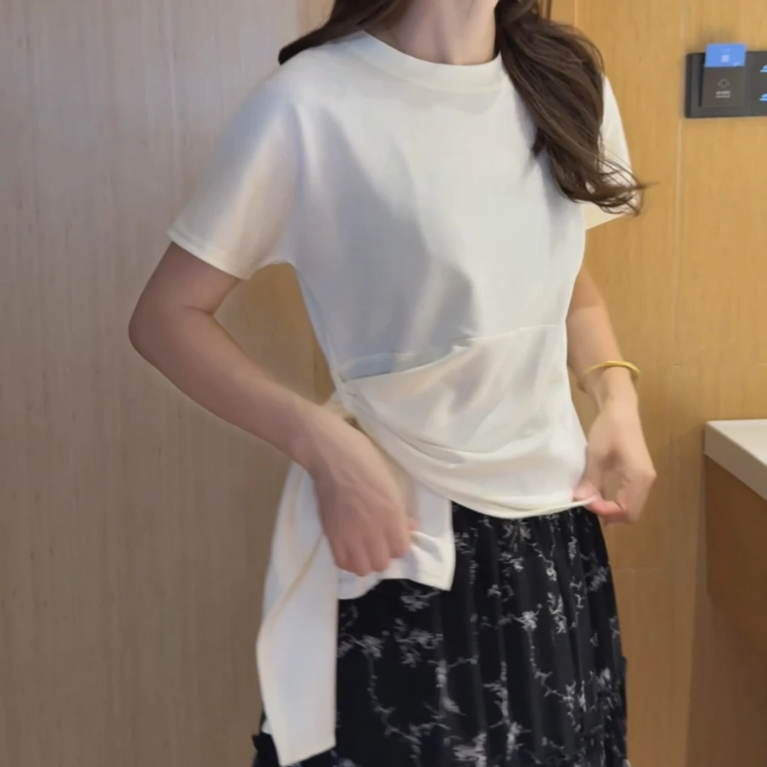 T恤上衣短袖显瘦休闲纯色韩版V领落肩袖夏季休闲风甜美圆领气质