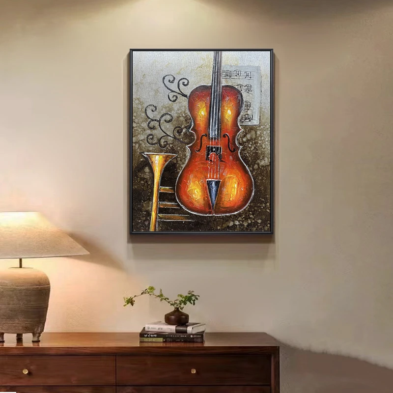 Djy手绘油画美式餐厅装饰画小提琴书房玄关走廊过道艺术壁画