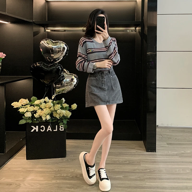 小个子秋季穿搭一整套时尚洋气条纹长袖针织衫显瘦百搭半身裙套装