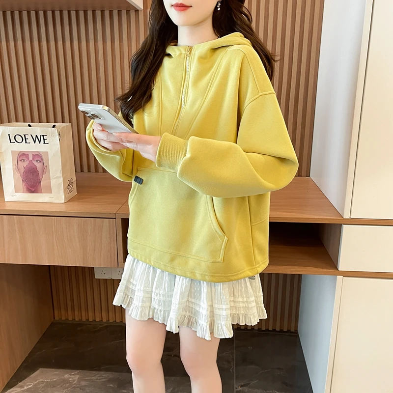 重工半拉链纯色连帽卫衣女秋季新款韩版修身宽松百搭显瘦遮肉上衣