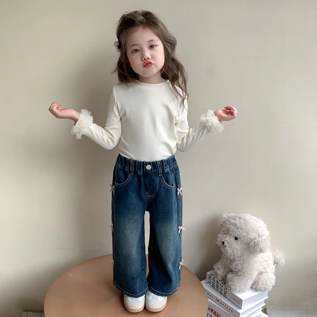 女童2025秋季时尚潮流儿童韩版中小童侧钉蝴蝶结绣花休闲牛仔裤