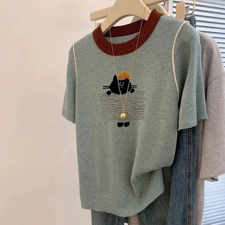 猫咪提花撞色冰丝短袖t恤女夏季衣服潮百搭休闲显瘦宽松小众上衣