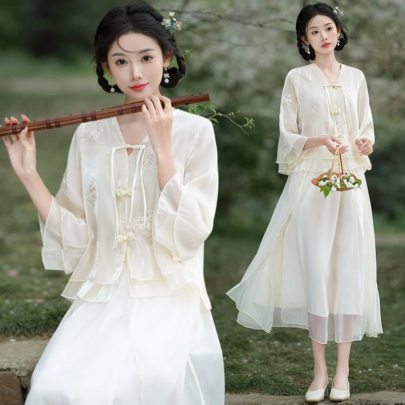 新中式国风2025高级夏季刺绣盘扣上衣新款两件套气质半身裙套装