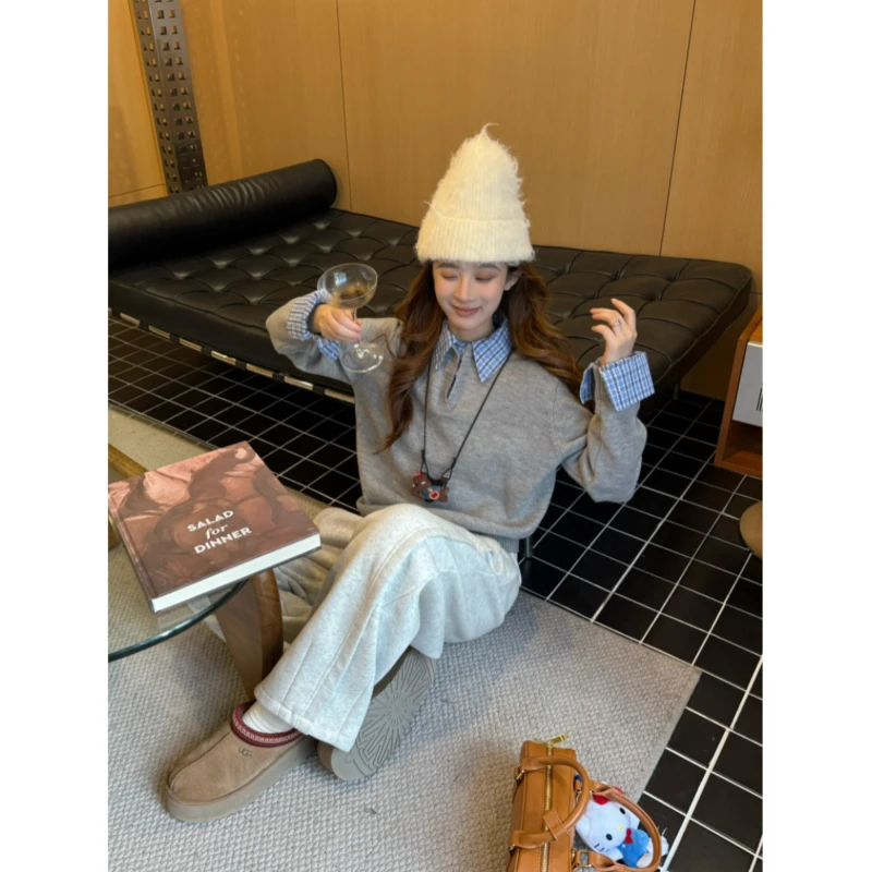 NGGAI二店 韩系复古宽松学院风假两件装色格子翻领针织套头毛衣