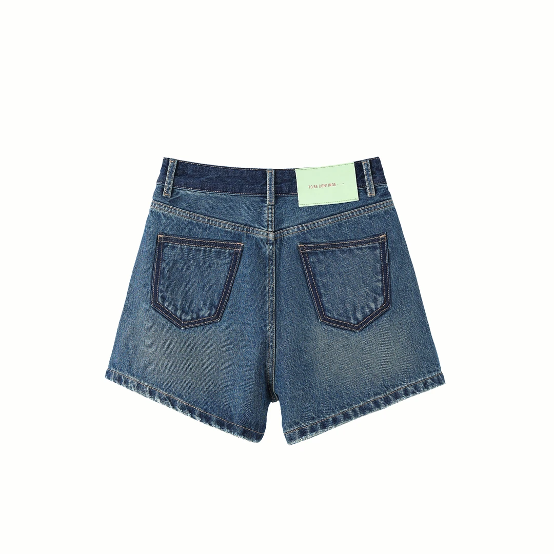 【短裤】夏季撞色高腰三分短裤时尚显瘦无弹A字百搭牛仔短裤女