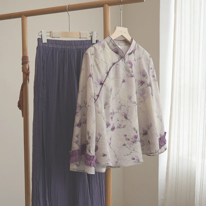 4329《微梦云泥》原创新中式国风长袖花边衬衫立领宽松印花上衣