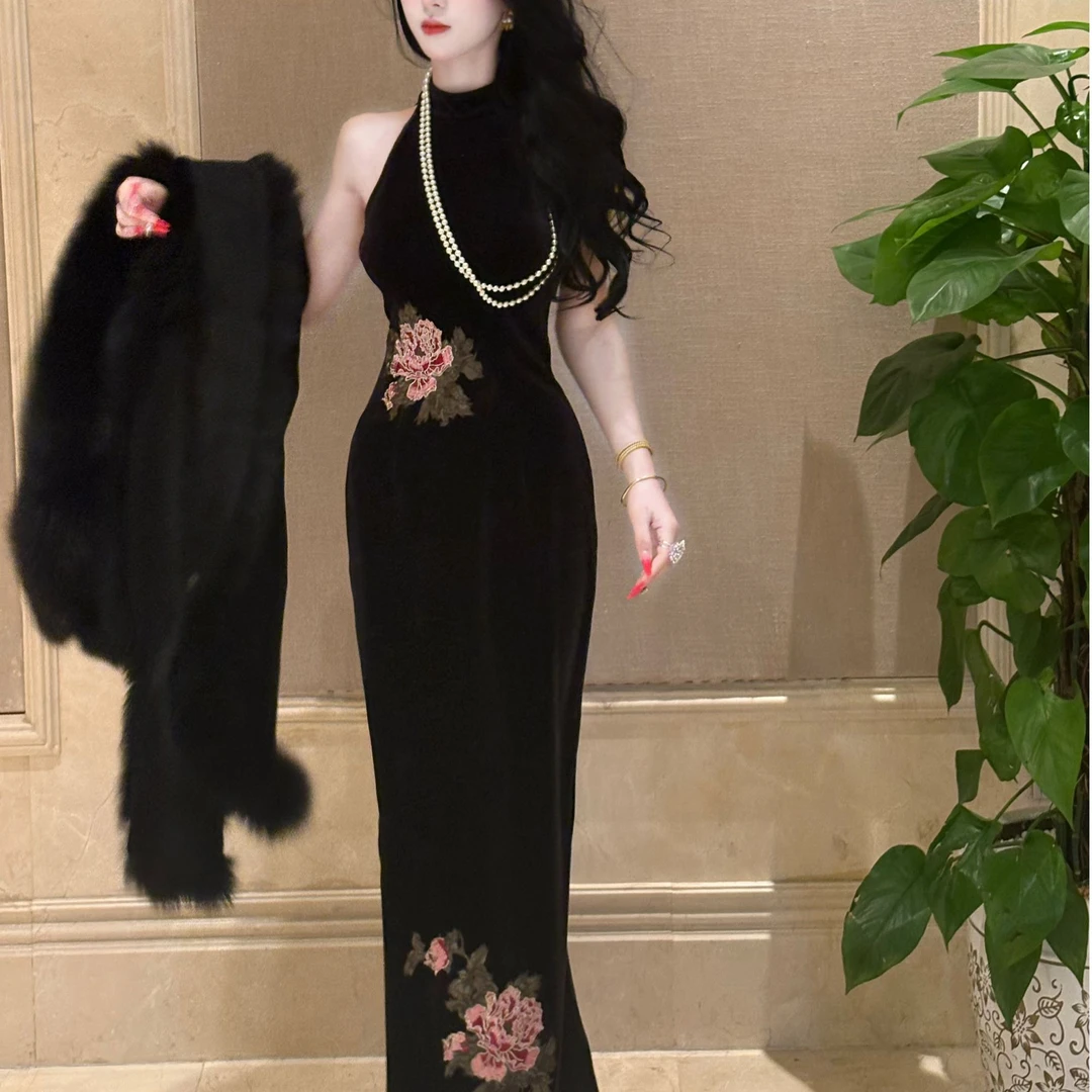 LHMknk1画报夫人原创自制新中式刺绣丝绒旗袍挖肩 怎叹花