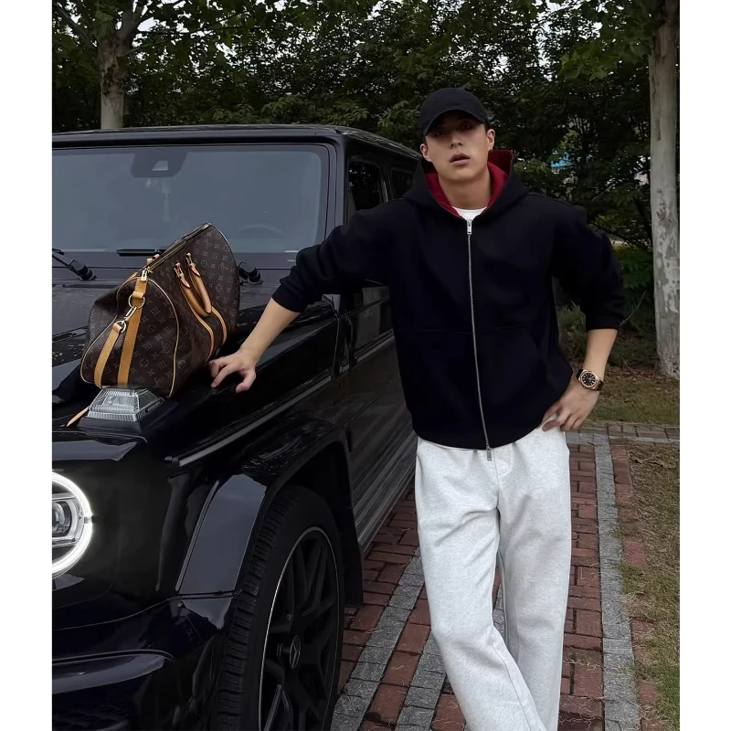 黑红拼接重磅开衫卫衣外套男款秋季硬汉穿搭连帽衫高级感boxy夹克