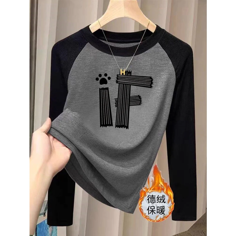 2025新款德绒小众撞色圆领正肩长袖t恤女时尚百搭加厚磨毛打底衫