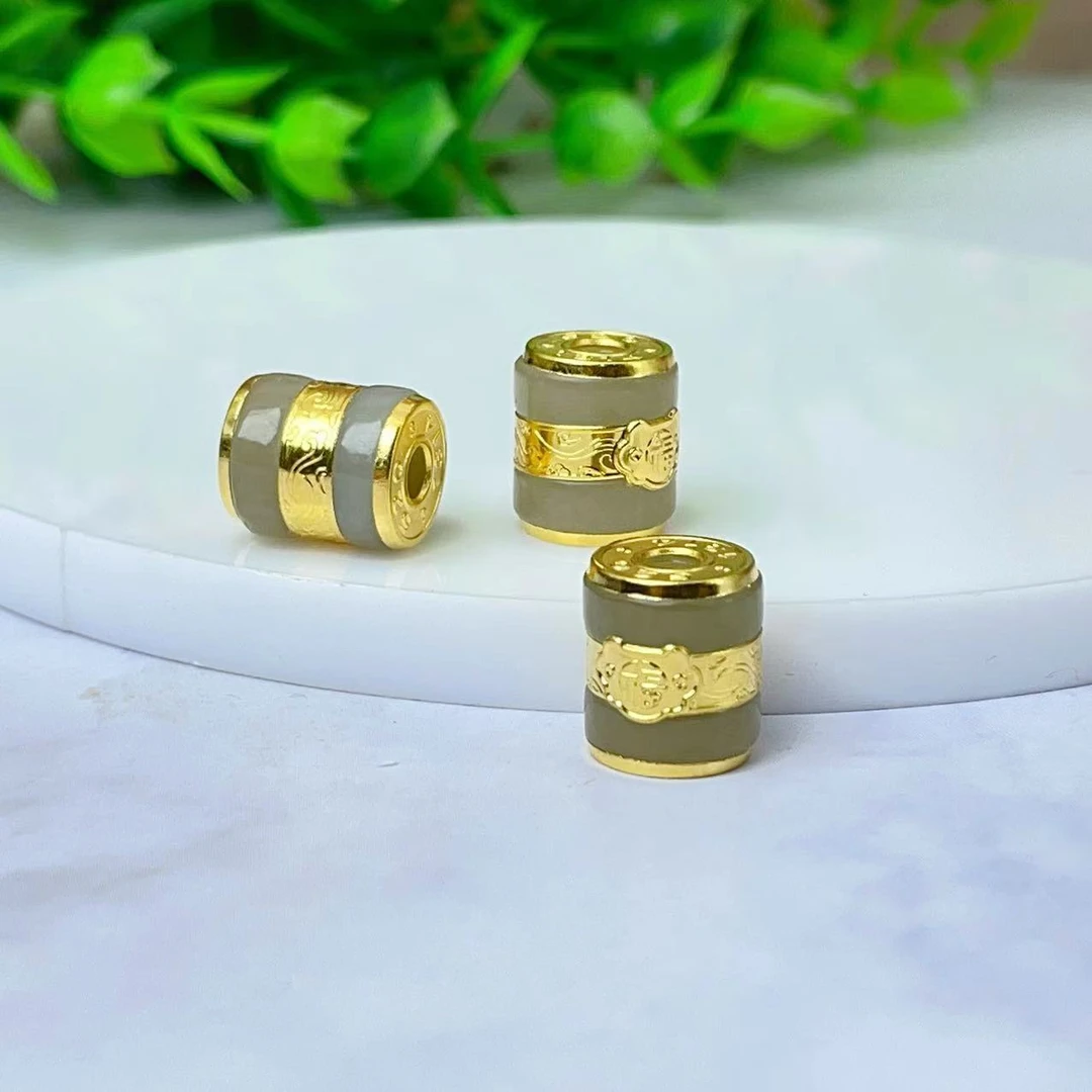 【萌宝饰品】B601天然和田玉路路通桶珠福字结DIY配件约宽10mm*12mm