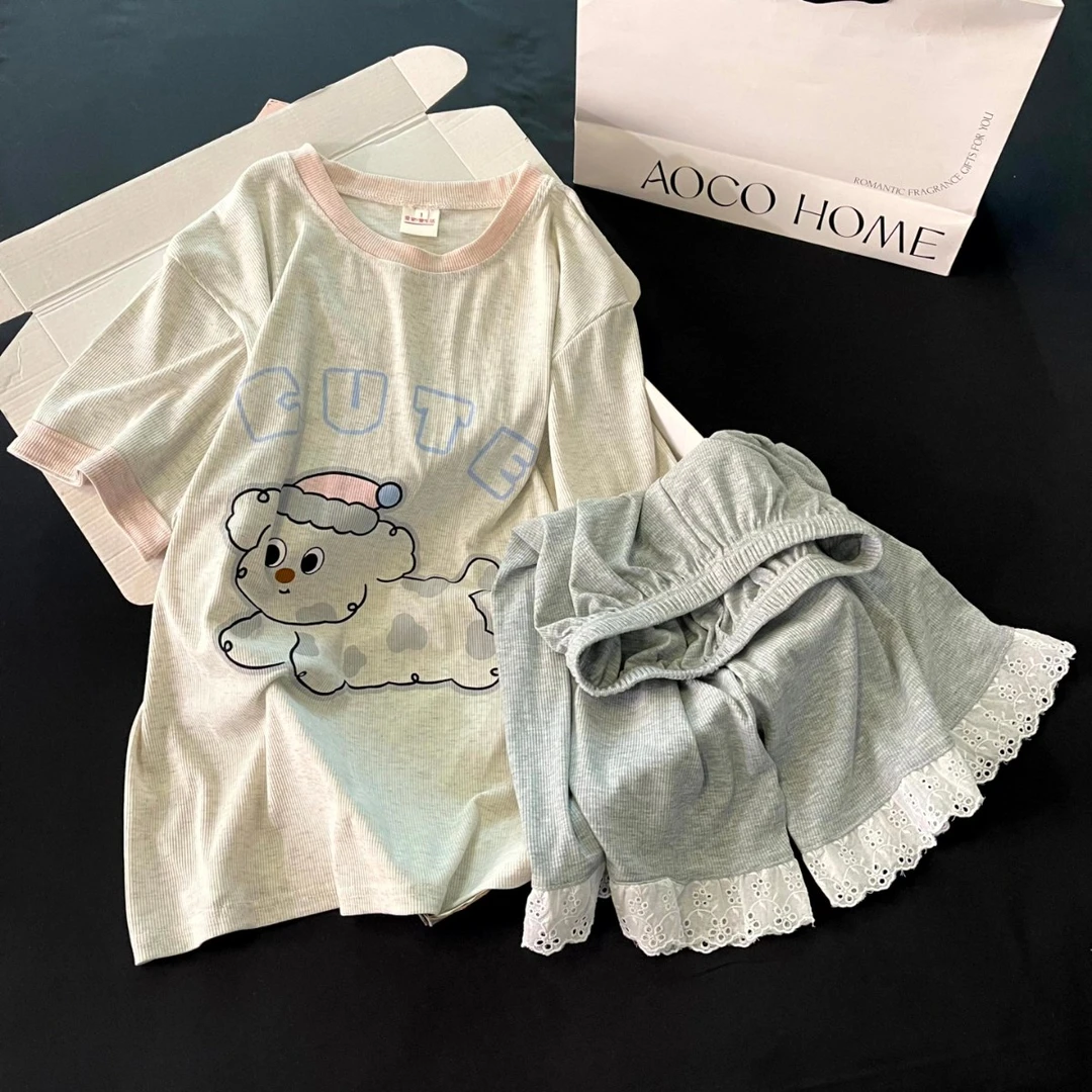 睡衣女夏季短袖时尚舒适可外穿2025新款大码可爱小绵狗套装家居服