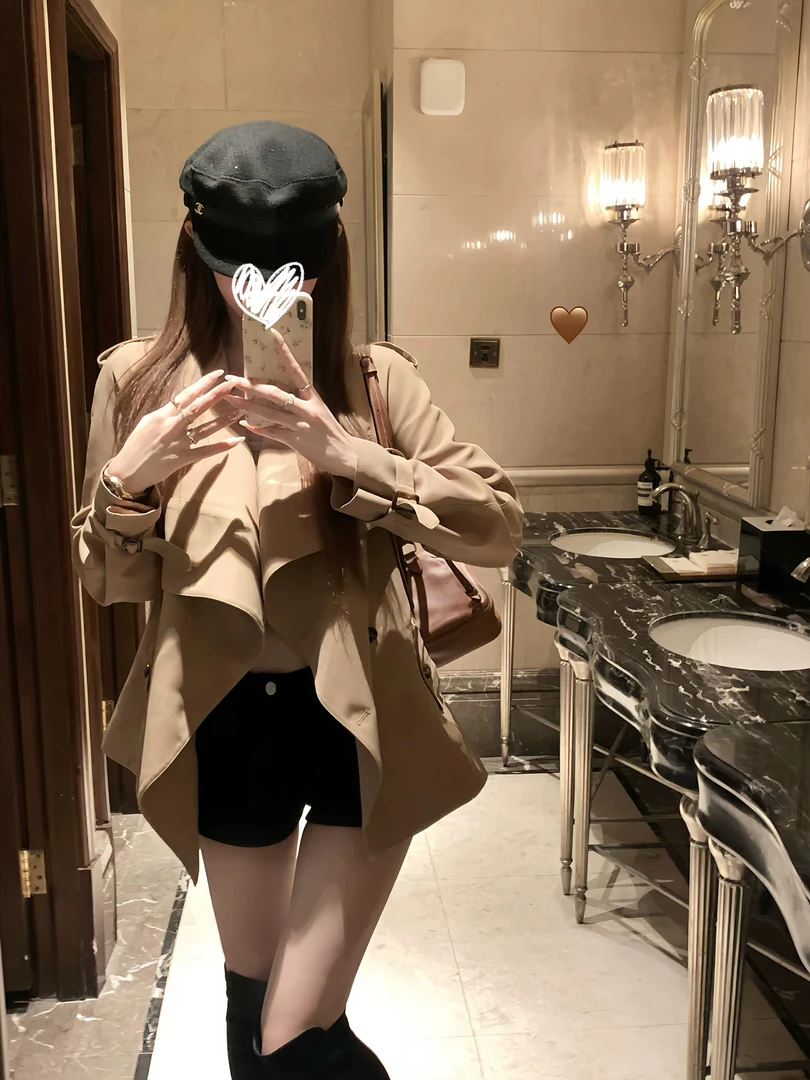 北川景子美神蝴蝶结风衣外套 秋季韩系女短款卡其色外套