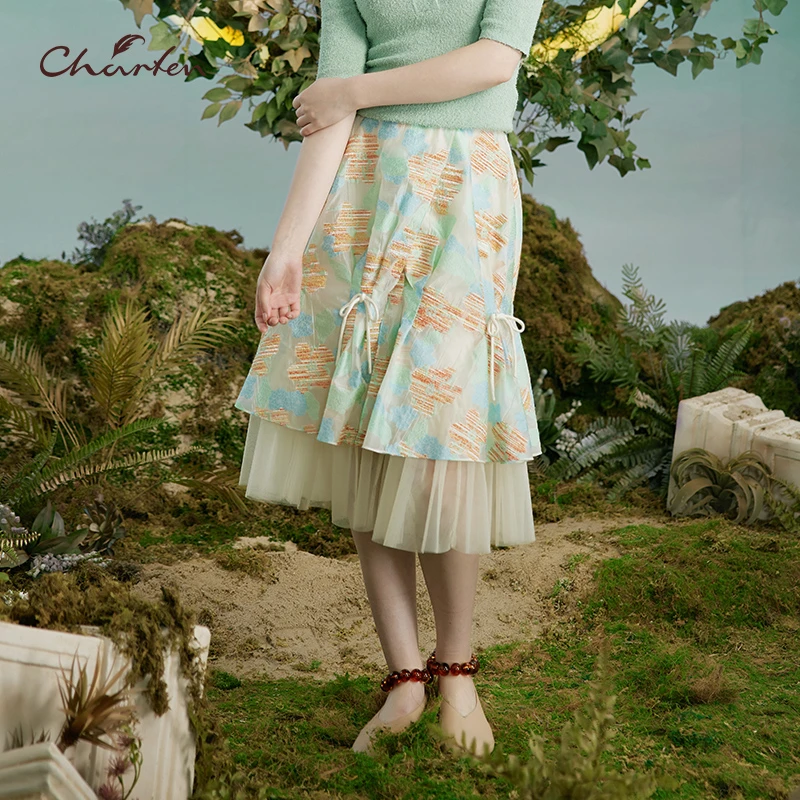 【达人专属】朝峰秋季新款提花拼接伞裙半身裙女CFD3A305-3007E