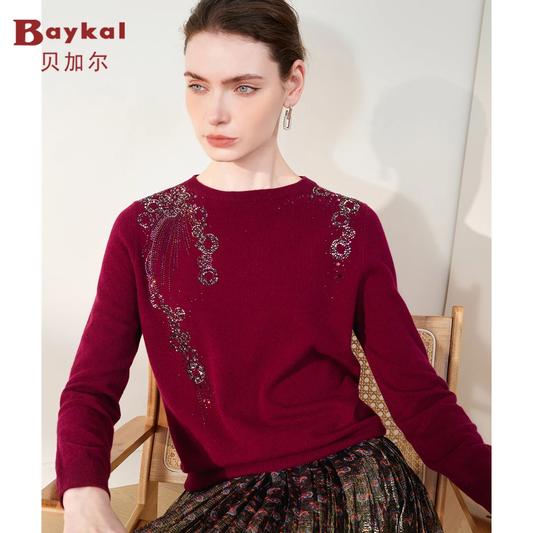 贝加尔秋冬新款圆领带钻纯羊绒衫红色针织打底衫25094