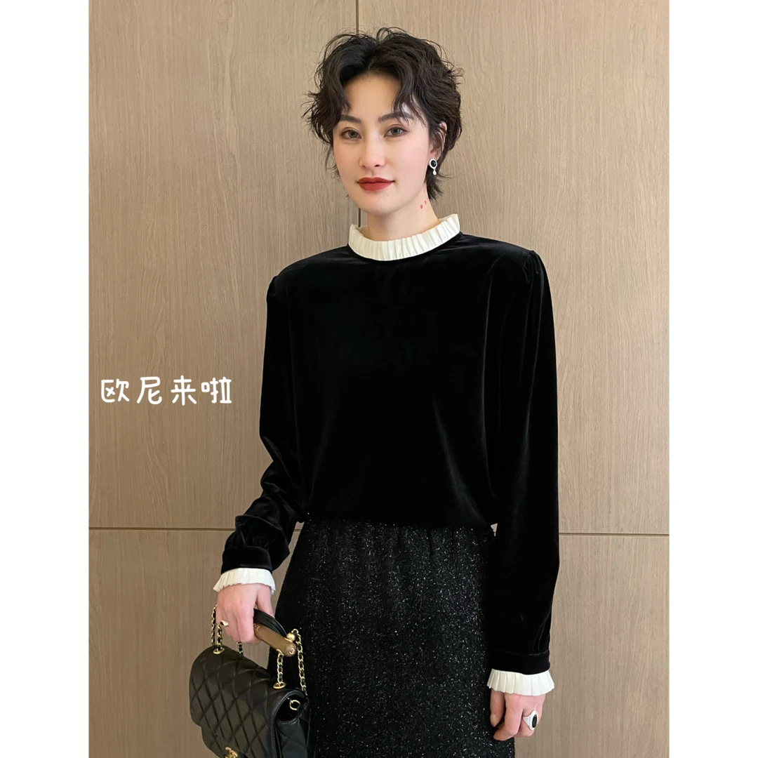 欧尼家【林间鹿】法式气质木耳边长袖金丝绒衬衫上衣小衫SY5397N