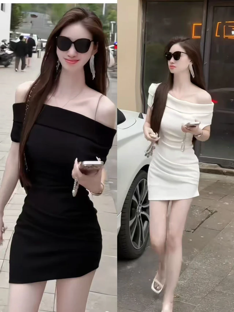 夏季连衣裙包臀一字肩短袖露肩高弹力连衣裙显瘦收腰气质