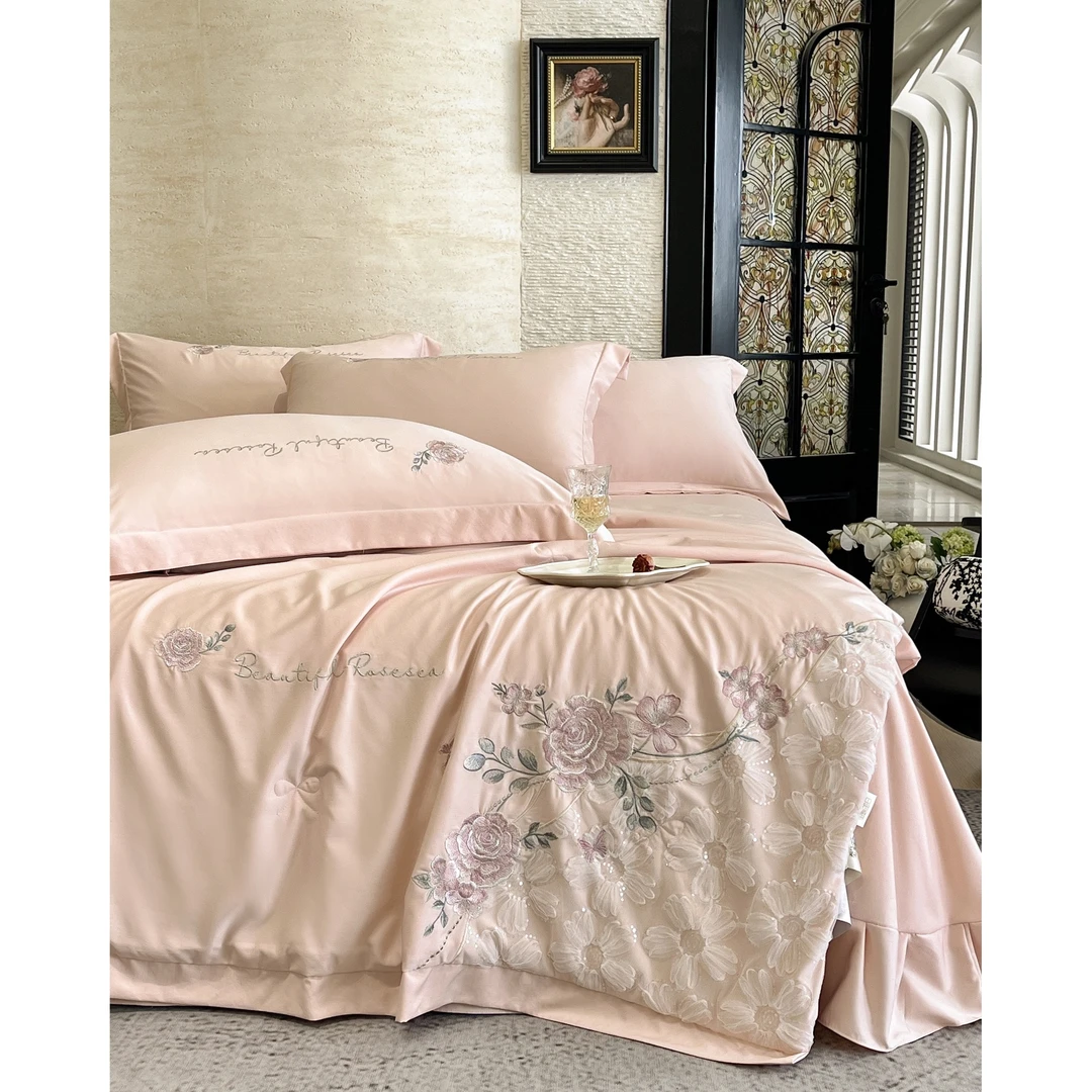 【618破价款】【空调夏被四件套】法式蕾丝手工刺绣四件套-莫兰迪花园