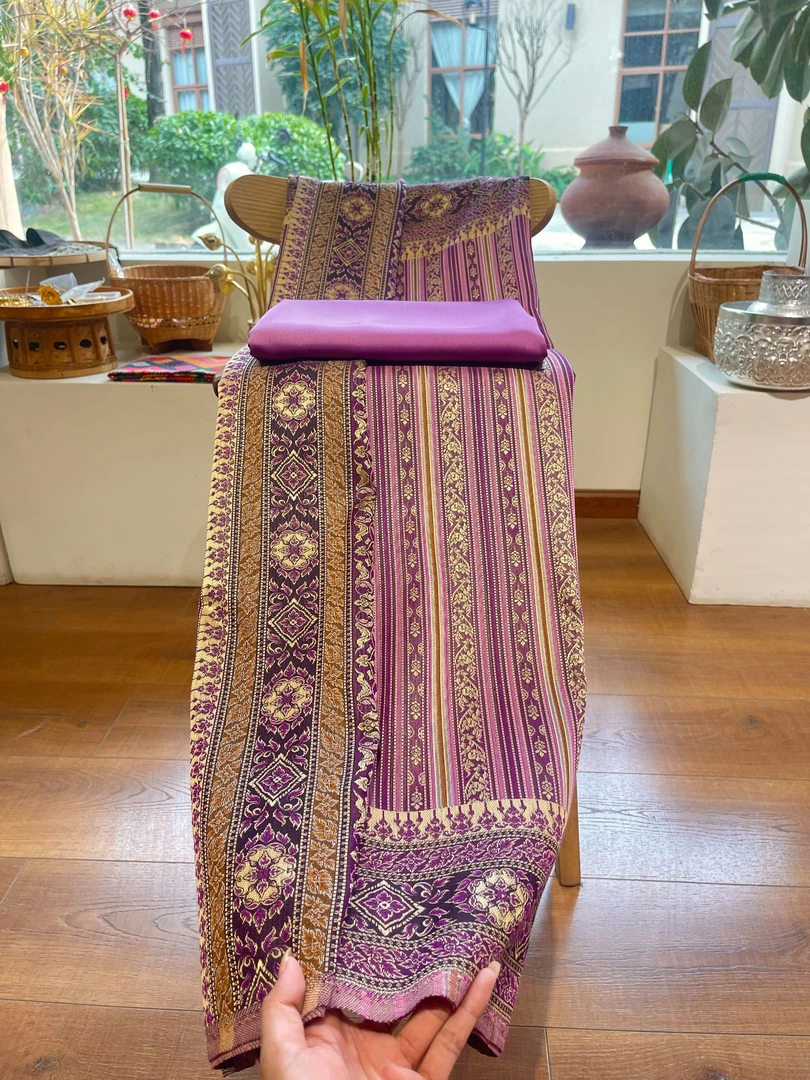 紫色泰国素可泰竖条纹套装（进口布料、非成品）优雅气质女士傣装