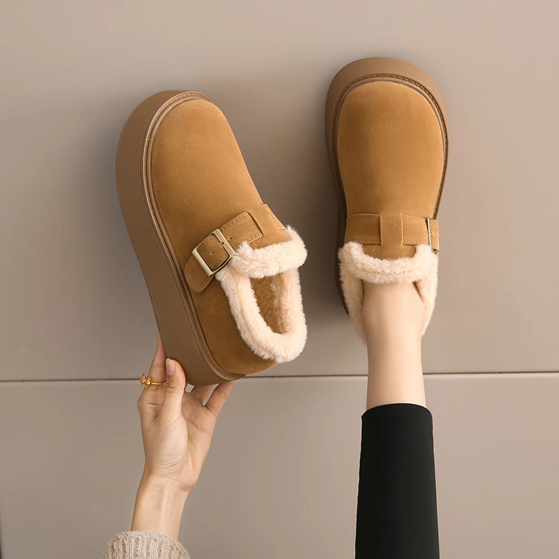 勃肯雪地靴女2025冬季新款加绒加厚保暖一脚蹬乐福棉鞋博肯鞋34码