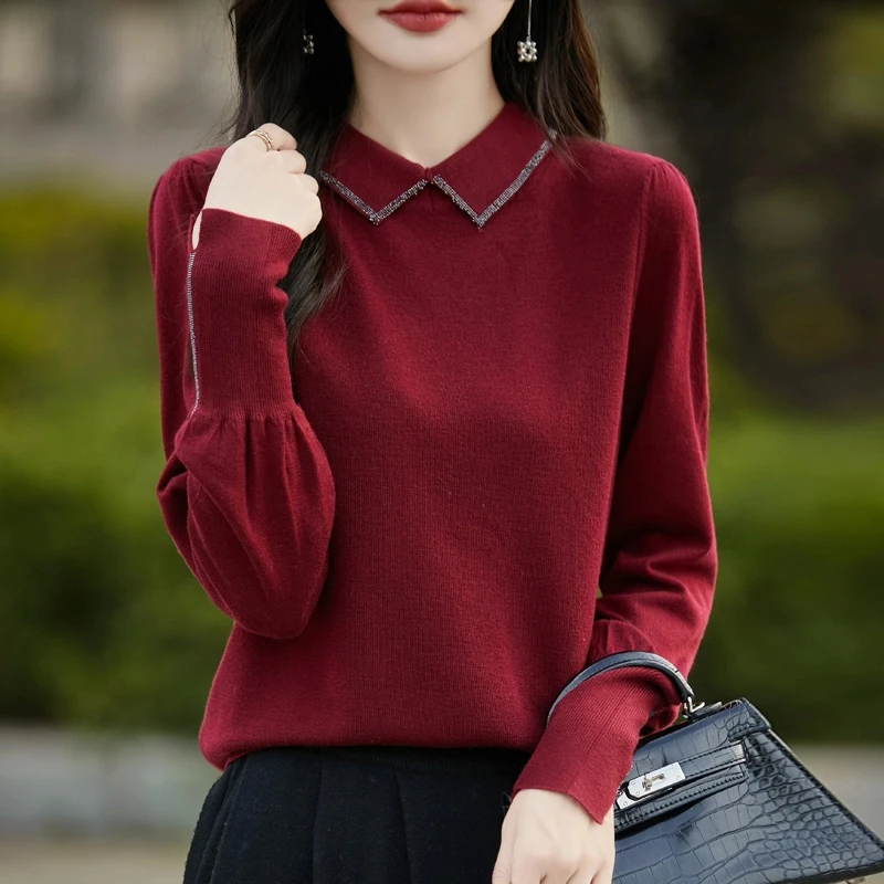秋冬新款娃娃领精纺羊毛针织打底衫女长袖内搭灯笼袖毛衣显瘦上衣