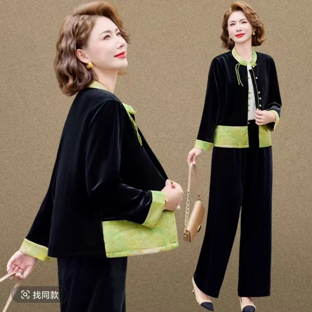 50多岁妈妈洋气上衣端庄大气秋装2025新款中老年外套金丝绒套装女