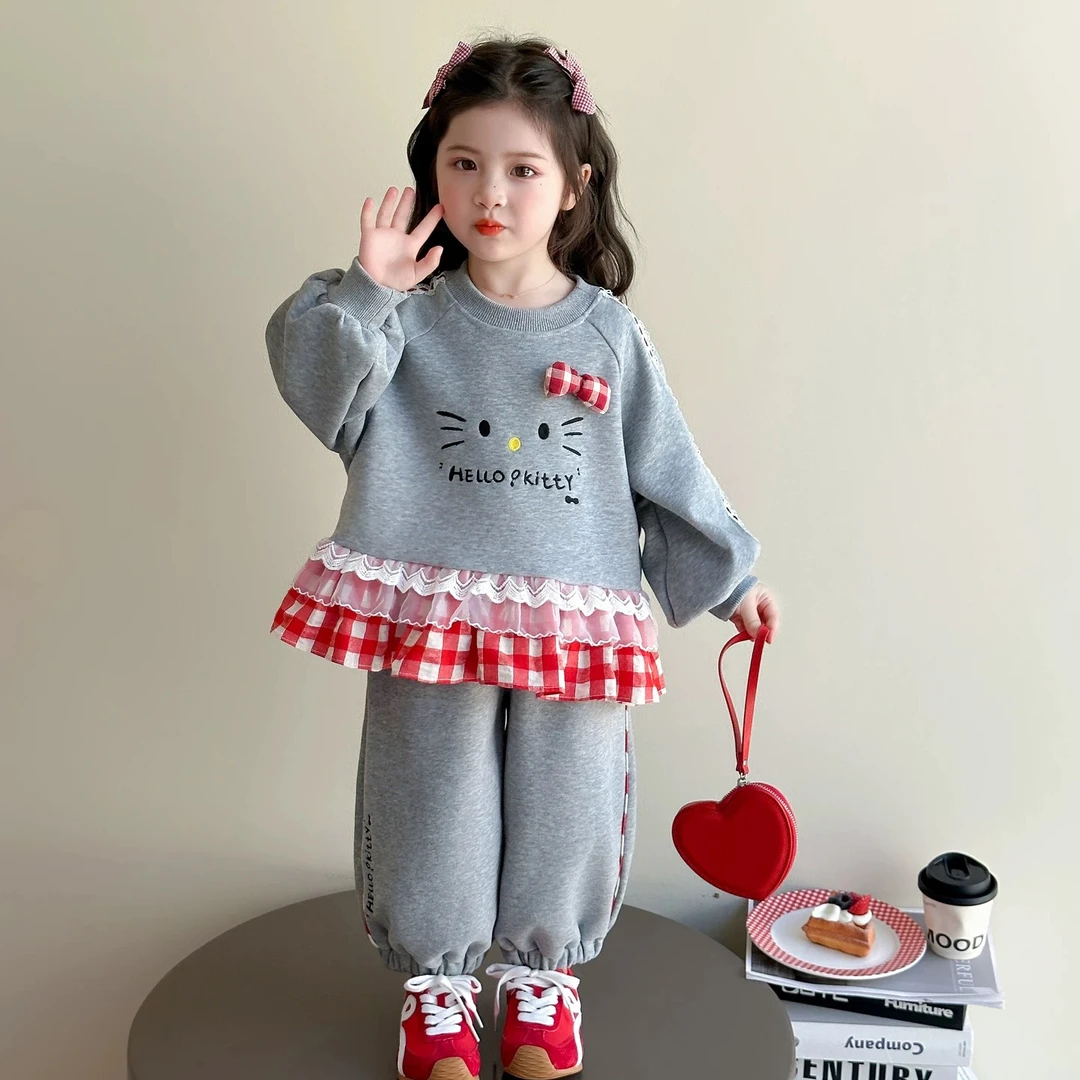 女童春秋卡通卫衣套装2025新款儿童洋气格子拼接猫咪卫裤两件套潮