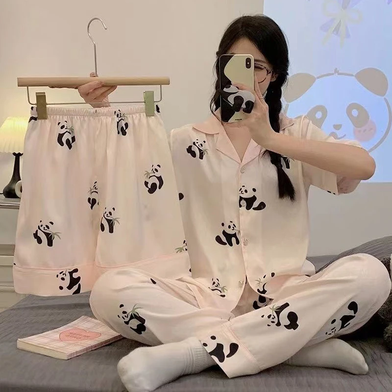三件套睡衣女款夏季冰丝短袖长裤卡通可爱学生大码春秋家居服套装