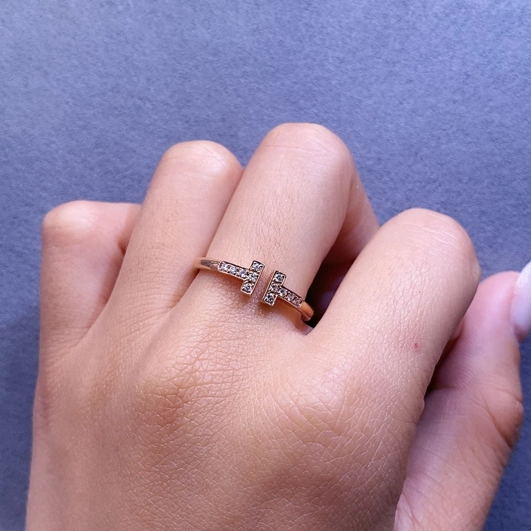 钻石戒指/指环18K金镶嵌双t戒指k玫14