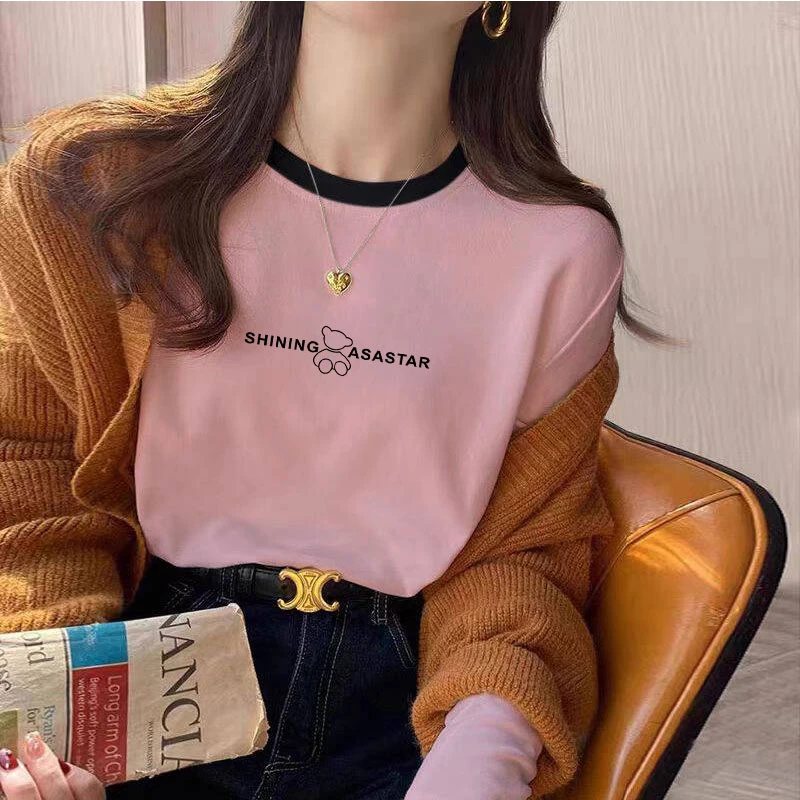 2025爆款简约长袖领口撞色T恤女时尚百搭圆领上衣打底衫春秋冬季