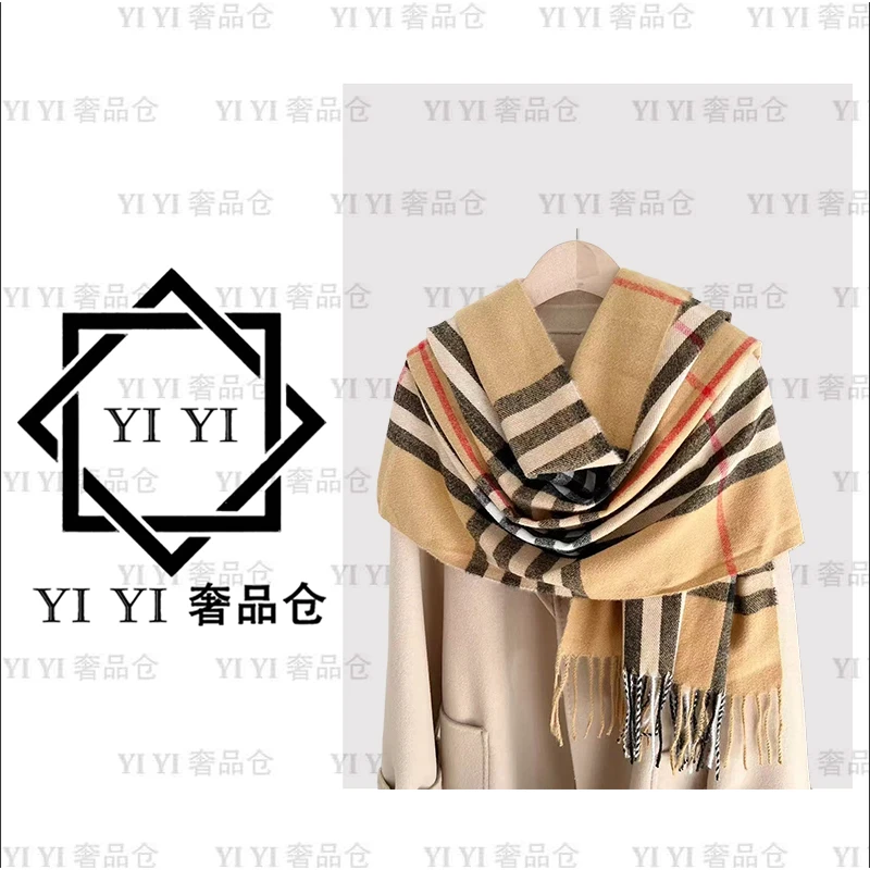 【YI YI/周一一奢品】秋冬仿羊绒卡其色格子围巾