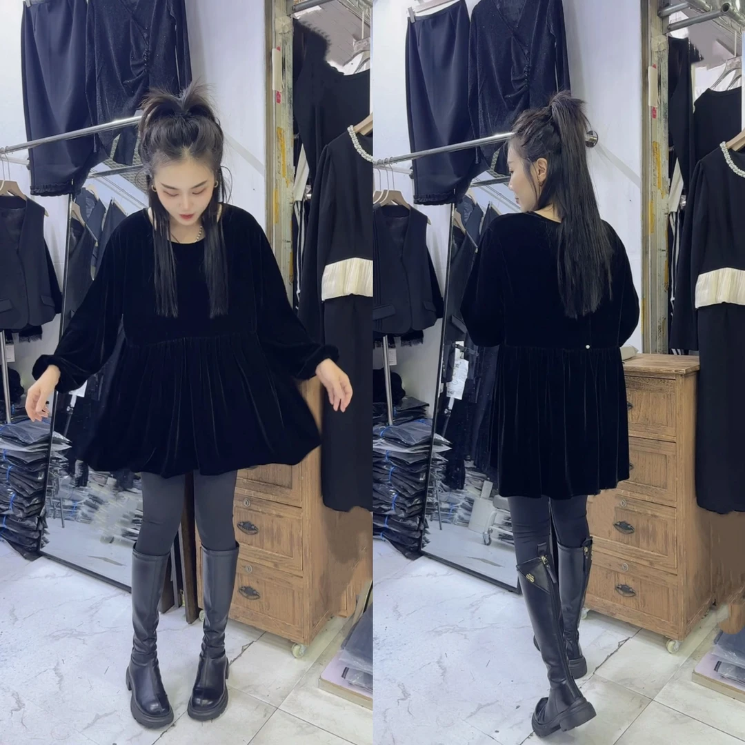 YY+新款后扣洋气韩版丝绒中长款裙