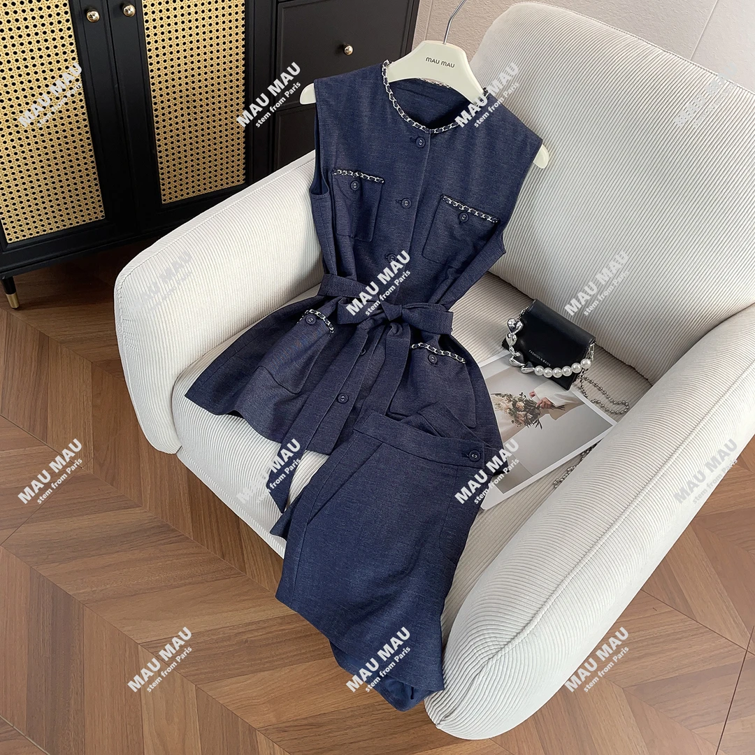 夏季气质单排扣圆领休闲百搭无袖上衣休闲短裤套装女DY6972