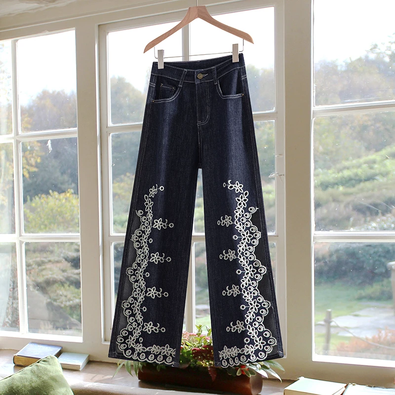 夏季薄款八九分直筒牛仔裤女绣花2025新款休闲高腰显瘦宽松裤
