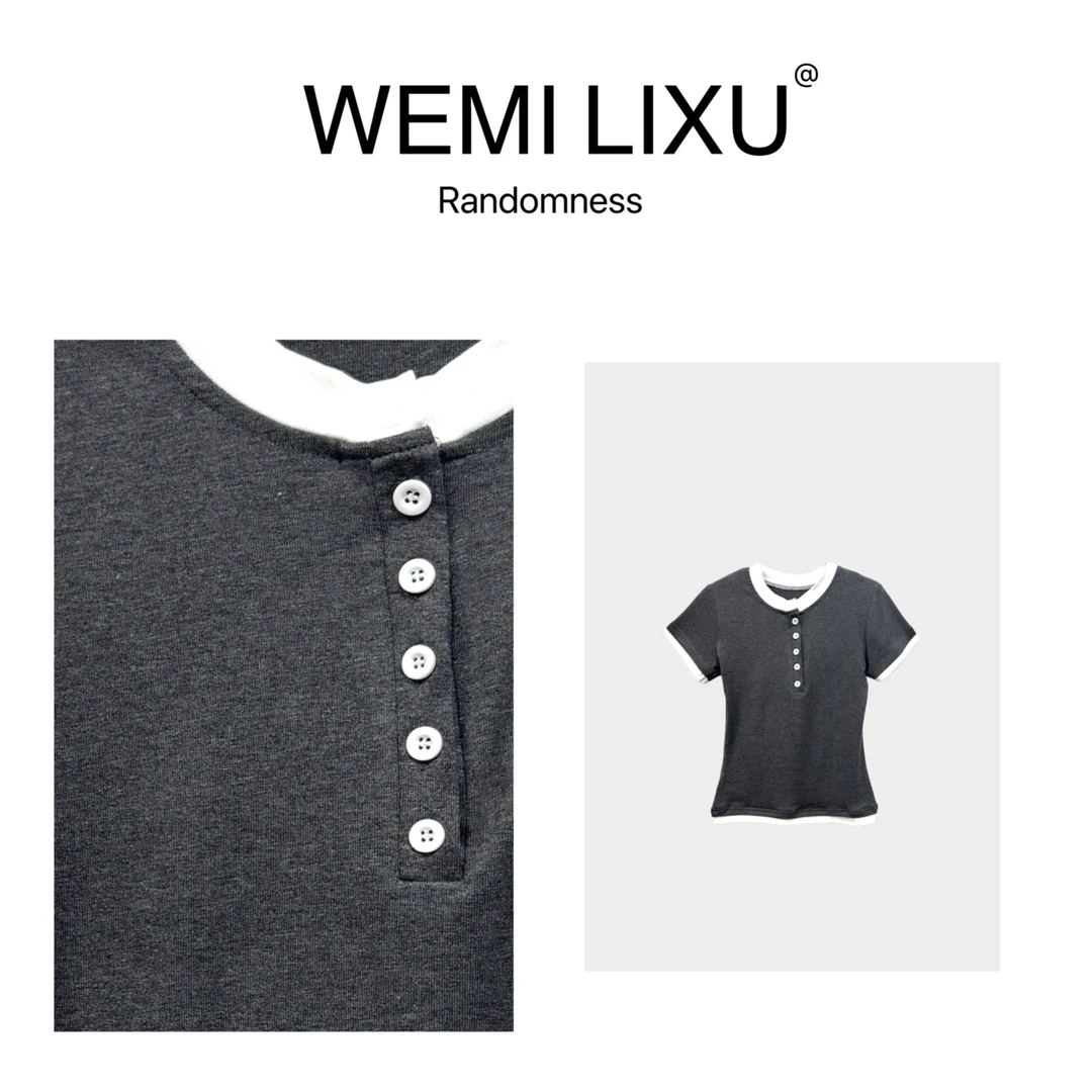 WEMI LIXU“街区日常”春夏时尚拼色百搭女装短袖T恤轻奢休闲9025