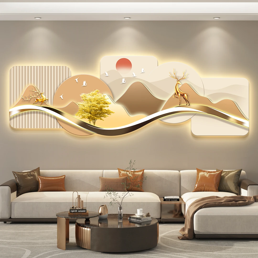 轻奢LED带灯客厅装饰画沙发背景墙山水画背有靠山