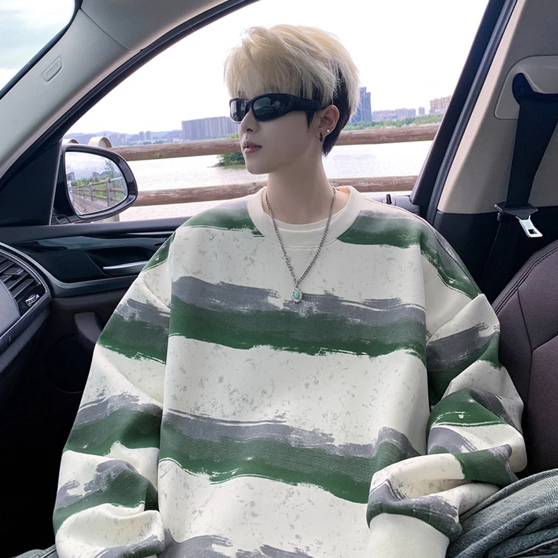 港风卫衣男宽松条纹上衣秋季套头圆领长袖男士潮流休闲百搭上衣