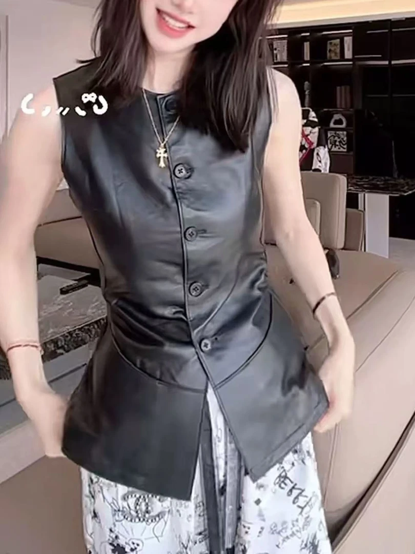 《刘夫人推荐》真皮马夹无袖外套法式皮衣时尚秋季修身型上衣外搭女